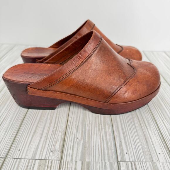 VTG 70's Nordstrom clogs 9.5 platform leather and wood slip on shoes boho hippie - Picture 14 of 14